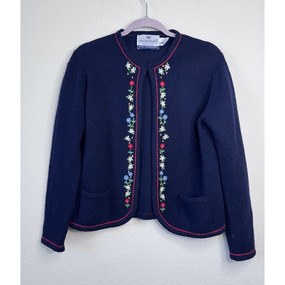 Susan Bristol Navy Blue Embroidered Cardigan with Floral Trim